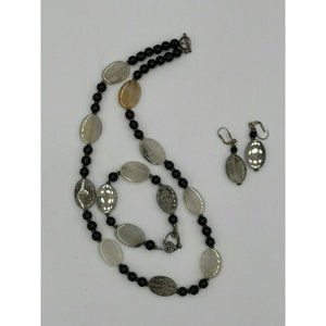 Glass Bead And Polished Agate Stone Necklace Bracelet And Earring Set Neutral
